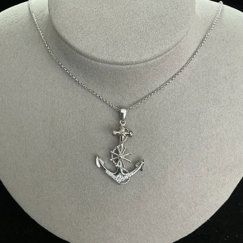 Beautiful Genuine Moissanite Anchor Pendant Necklace Solid 925 Sterling Silver